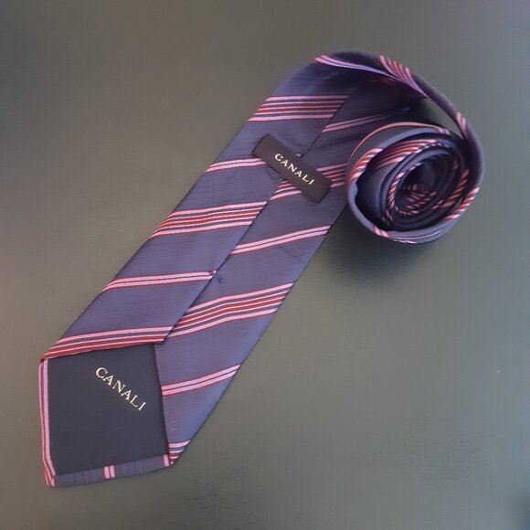 Canali Silk Tie Navy with Mauve & Maroon Diagonal Stripes - Picture 2 of 10